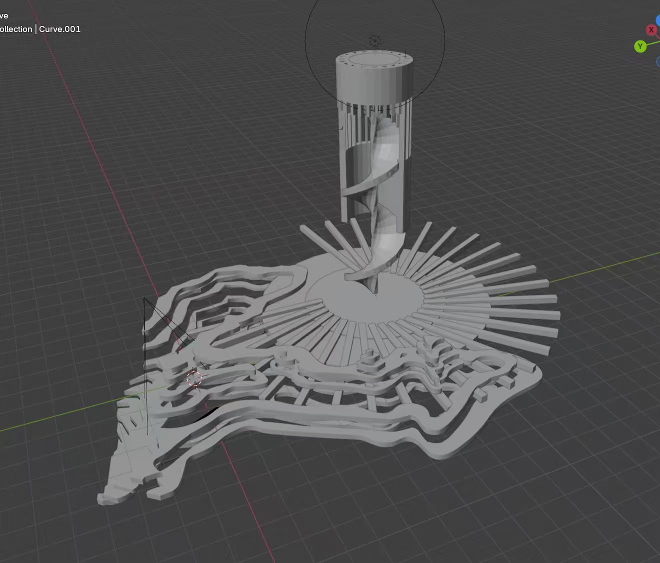 Blender 视口中的螺旋构筑、放射状木构件与层叠地形数字模型