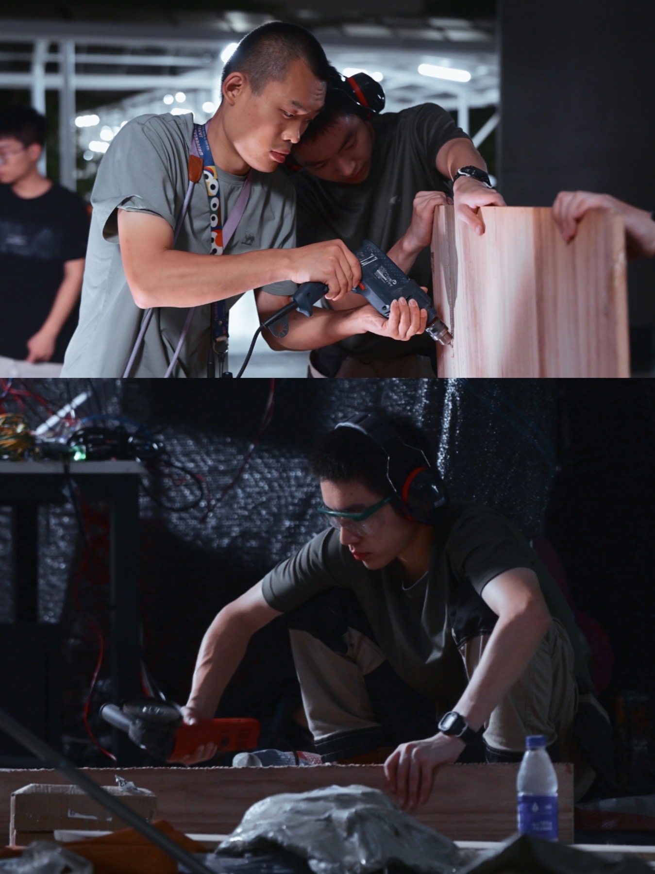 两联画记录团队用电钻和工具加工木质构件的协作瞬间